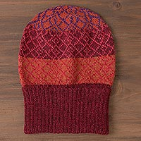 100% alpaca hat, 'Diamond of the Andes' - Diamond Motif Knit 100% Alpaca Hat in Red from Peru