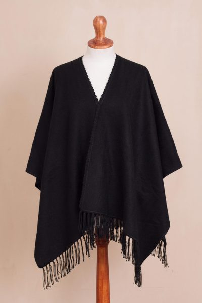 Alpaca blend ruana, 'Black Comfort' - Alpaca Blend Ruana in Solid Black from Peru