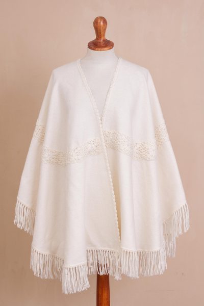 Alpaca blend ruana, 'Eggshell Fascination' - Patterned Alpaca Blend Ruana in Eggshell from Peru