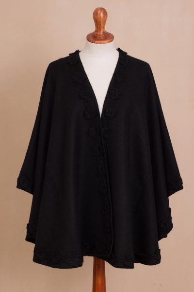 Alpaca blend ruana, 'Flowers in the Night' - Floral Alpaca Blend Ruana in Black from Peru