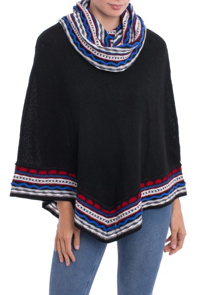 Alpaca blend poncho, 'Festive Streamers' - Knit Alpaca Blend Poncho in Black with Colorful Accents