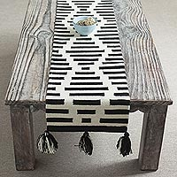 Wool table runner, 'Diamond Illusion' - Diamond Motif Wool Table Runner in Black and Antique White