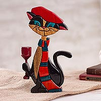 Wood sculpture, 'Parisian Cat' - Colorful Wood Cat Sculpture Crafted in Peru