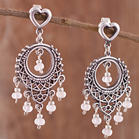 Rose quartz chandelier earrings, 'Heart Festival' - Rose Quartz Chandelier Earrings Crafted in Peru