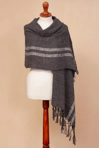 Alpaca blend shawl, 'Comfort Road in Grey' - Handwoven Grey with White Stripes Alpaca Blend Fringed Shawl