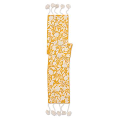 Wool table runner, 'Eggshell Flowers' - Handwoven Wool Table Runner with Crocheted Floral Motifs