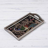 Featured review for Reverse-painted glass tray, Peacock Charm in Silver (12 inch)