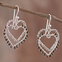 Silver dangle earrings, 'Heart Duo' - Glass Beaded Silver Heart Dangle Earrings from Peru