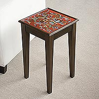 Reverse-painted glass accent table, 'Birds in the Red Skies' - Floral and Bird Motif Reverse-Painted Glass Accent Table