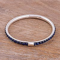 Lapis lazuli bangle bracelet, 'Beautiful Tunnel' - Lapis Lazuli Beaded Silver Bangle Bracelet from Peru