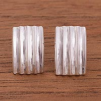 Sterling silver button earrings, 'Glimmering Sheet' - Patterned Sterling Silver Button Earrings from Peru