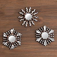 Wood wall mirrors, 'Wiracocha Reflection' (set of 3) - Handmade Andean Sun and Star Wood Wall Mirrors (Set of 3)