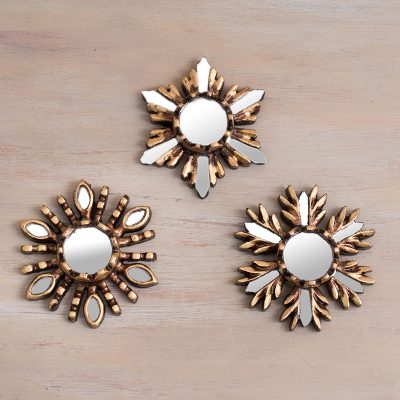 Bronze gilded cedar wood wall mirrors, Golden Reflection (set of 3)
