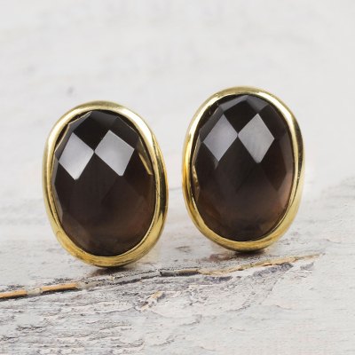 Gold accented obsidian button earrings, Faceted Depths