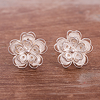 Sterling silver filigree button earrings, 'Intricate Flowers' - Floral Sterling Silver Filigree Button Earrings from Peru