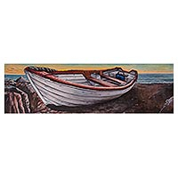 'Above the Cliff' (2018) - Signed Realist Painting of a White Boat from Peru (2018)