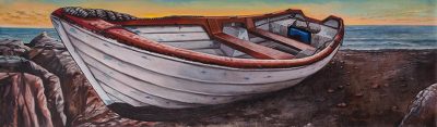 'Above the Cliff' (2018) - Signed Realist Painting of a White Boat from Peru (2018)