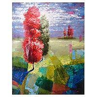 'Red and Green' - Colorful Landscape Expressionist Painting from Peru