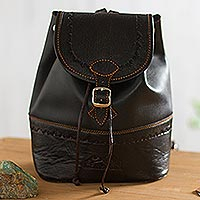 Leather backpack, 'Machu Picchu Journey' - Handcrafted Leather Backpack in Black from Peru