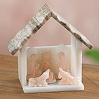 Alabaster mini nativity sculpture, 'Nativity Manger' - Hand-Carved Alabaster Mini Nativity Scene Sculpture