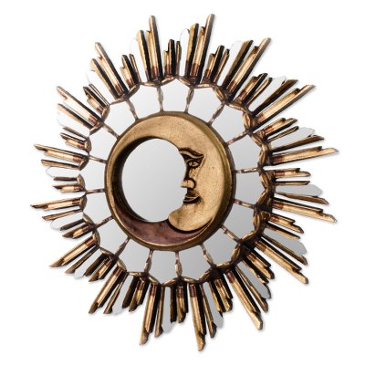 Bronze gilded cedar wood wall mirror, Stunning Moon