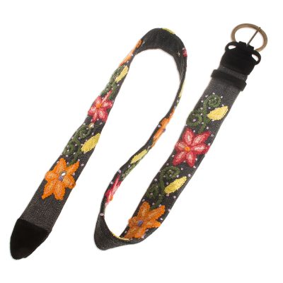Leather accented wool and cotton belt, 'Florid Paradise' - Crocheted Wool and Cotton Floral Belt from Peru