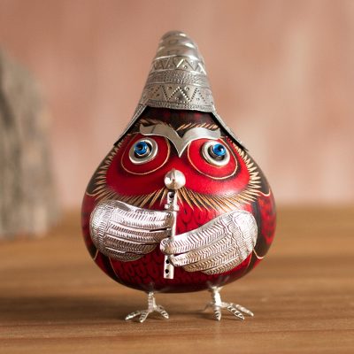 Sterling silver and gourd figurine, Owl Musician in Red