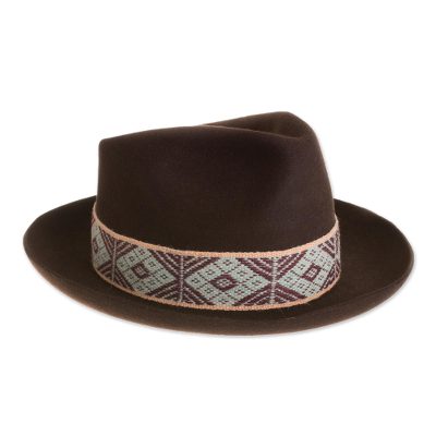 Alpaca and wool blend felt hat, 'Yaku in Espresso' - Espresso Alpaca and Felt Blend Hat with Handwoven Accent