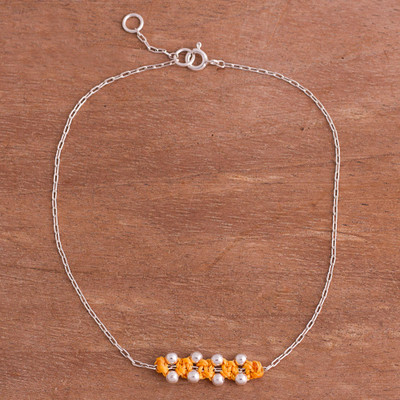 Sterling silver pendant anklet, Gleaming Beads in Ochre
