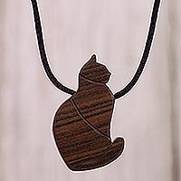 Wood pendant necklace, 'Obedient Cat' - Guacayan Wood Cat Pendant Necklace from Peru