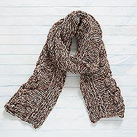 100% alpaca scarf, 'Chocolate River' - Brown and White 100% Alpaca Hand Knit Cable Stitch Scarf