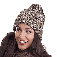 Brown and White 100% Alpaca Hand Knit Cable Stitch Hat,'Chocolate River'