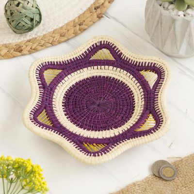Chambira tree fiber decorative basket, Plum Star