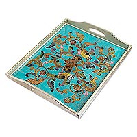 Reverse-painted glass tray, 'Mystic Flora' - Rectangular Reverse-Painted Glass Tray from Peru