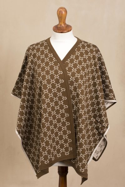 Reversible baby alpaca blend ruana, 'Peruvian Girl in Sepia' - Baby Alpaca Blend Ruana in Sepia from Peru