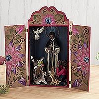 Wood and ceramic retablo, 'Saint Martin's Benediction' - Christian Wood and Ceramic Painted Retablo from Peru
