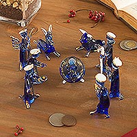 Glass nativity scene, 'Blue Festivity' (10 piece) - Blue Gilded Glass Nativity Scene from Peru (10 Piece)