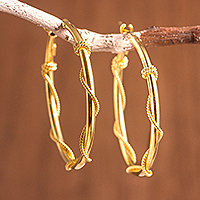Gold plated sterling silver hoop earrings, 'Goddess of Health' - 18K Gold-Plated Sterling Silver Wrapped Hoop Earrings