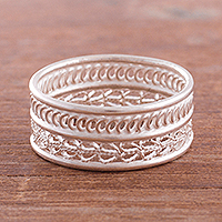 Sterling silver filigree band ring, 'Legendary Curves' - Curve Pattern Sterling Silver Filigree Band Ring from Peru