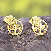 Gold plated sterling silver stud earrings, 'Arbor Halos' - Tree Motif 18k Gold Plated Sterling Silver Stud Earrings