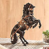 Leather accented cedar wood sculpture, 'Majestic Elegance' - Leather Accented Cedar Wood Rearing Horse Sculpture