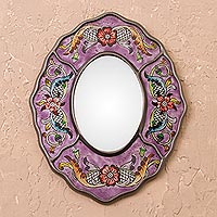 Reverse-painted glass wall mirror, 'Purple Colonial Wreath' - Purple Floral Reverse-Painted Glass Wall Mirror from Peru