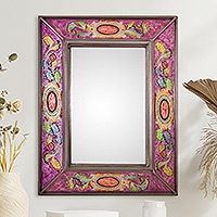 Reverse-painted glass wall mirror, 'Floral Medallions in Purple' - Floral Reverse-Painted Glass Wall Mirror in Purple from Peru