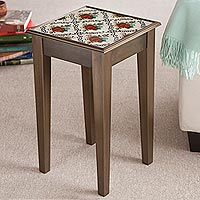 Reverse-painted glass accent table, 'Red Flowers' - Red Floral Reverse-Painted Glass Accent Table from Peru