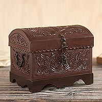 Leather and wood decorative box, 'Avian Enchantment' - Brown Bird Pattern Leather and Wood Decorative Box from Peru