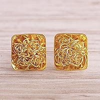 Gold plated sterling silver button earrings, 'Flirt' - Modern 18k Gold Plated Sterling Silver Button Earrings