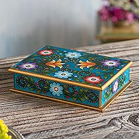 Reverse-painted glass decorative box, 'Margarita Garden in Blue' - Floral Reverse-Painted Glass Decorative Box in Blue