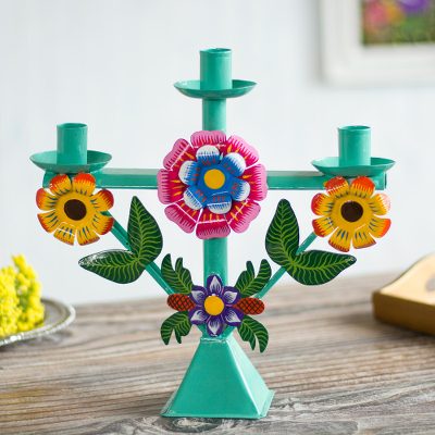 Recycled metal candelabra, 'Margarita Temple in Aqua' - Recycled Metal Candelabra with Floral Motifs
