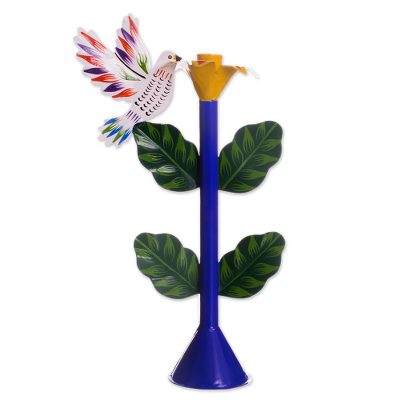 Recycled metal candleholder, 'Sweet Dove in Blue' - Recycled Metal Dove Candle Holder in Blue from Peru