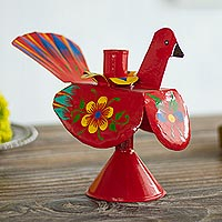 Recycled metal candleholder, 'Floral Peacock in Red' - Recycled Metal Peacock Candle Holder in Red from Peru